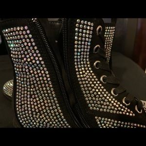 Ladies black boots with iridescent rhinestones